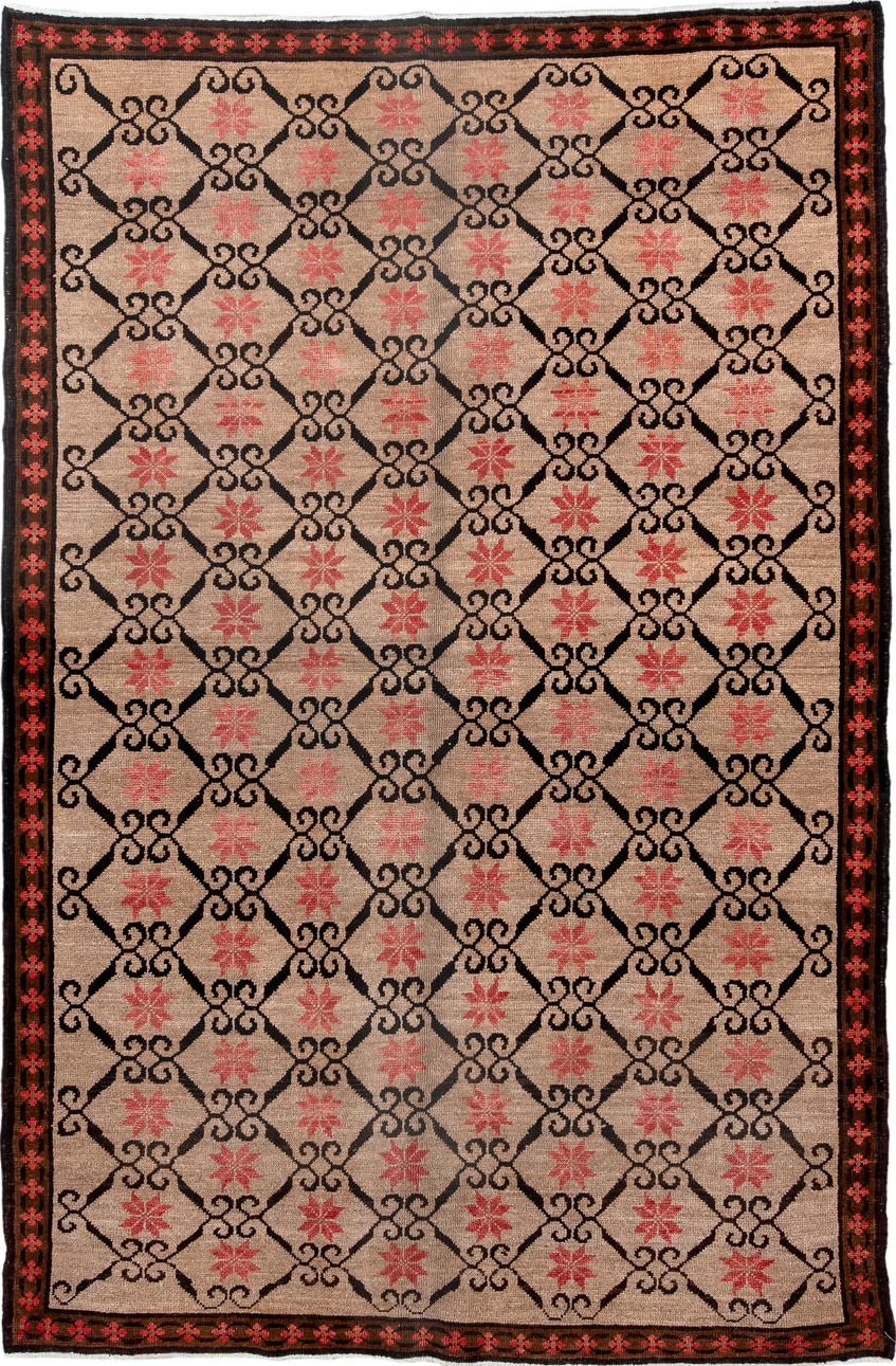 6' x 9' one-of-a-kind handmade vintage Kars medium size rug. Color palette: gray, black, brown, red, pink, orange, off-white