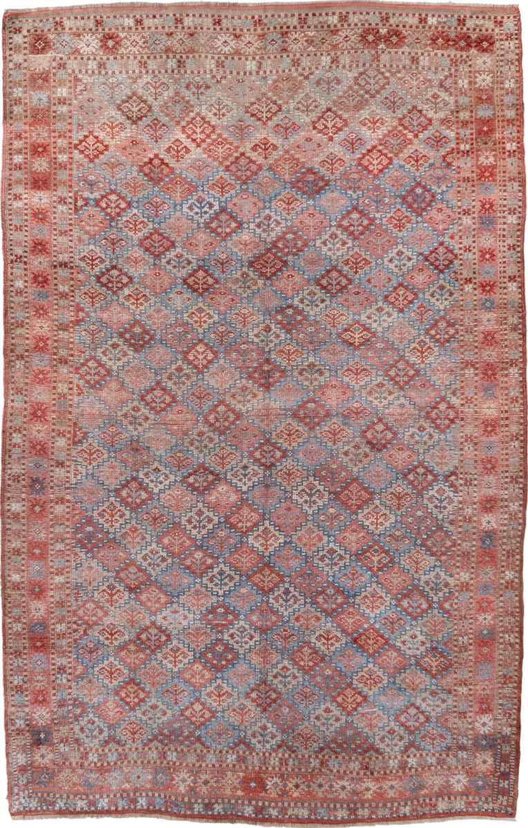 5' x 7' one-of-a-kind handmade vintage Kurd rug. Color palette: brown, gray, light gray, light slate gray, off-white, pink