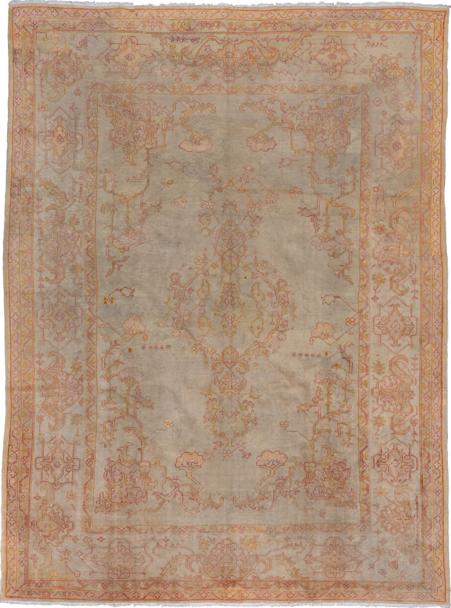 9' x 13' one-of-a-kind handmade vintage Oushak large size rug. Color palette: brown, gray, light gray, off-white, pink