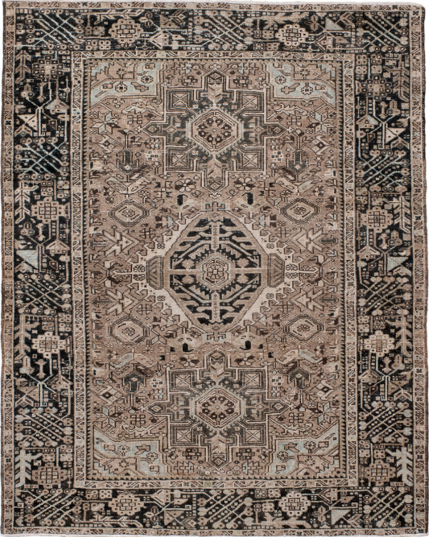 4' x 6' one-of-a-kind handmade vintage Karaje small size rug. Color palette: gray, black, brown, light gray, pink, off-white