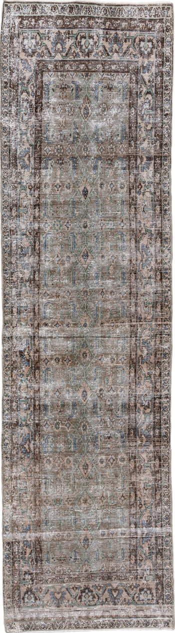 3' x 12' one-of-a-kind handmade vintage Hamadan runner rug. Color palette: gray, light gray, off-white, blue, pink, dim gray