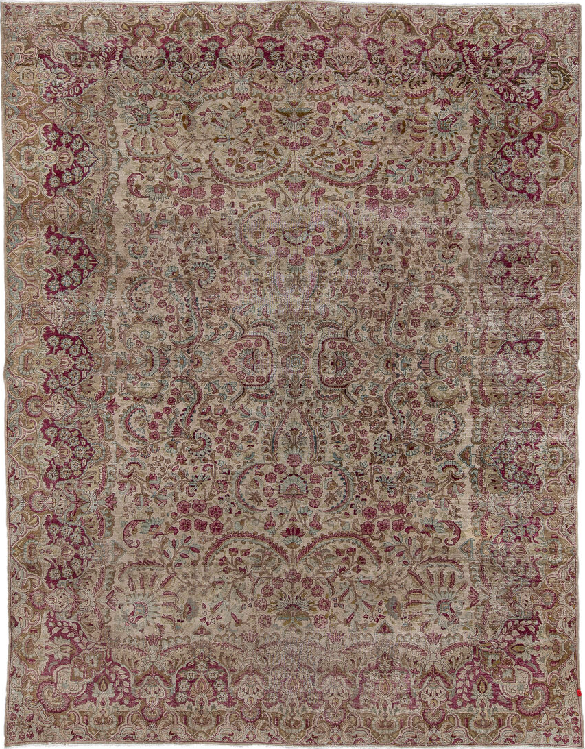9' x 11' one-of-a-kind handmade vintage Kerman large size rug. Color palette: brown, gainsboro, gray, light gray, off-white
