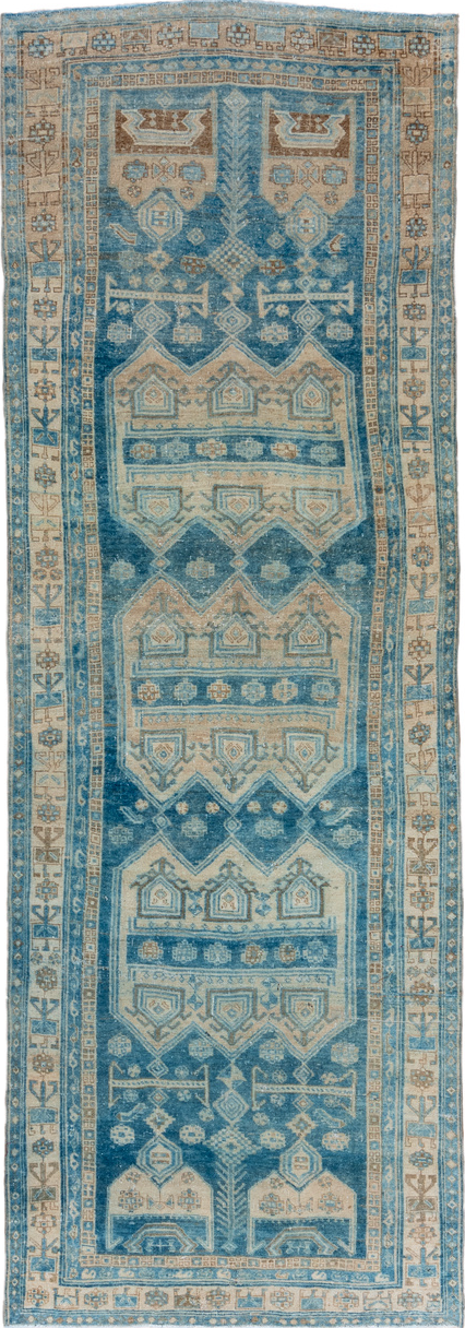 4' x 12' one-of-a-kind handmade vintage Bidjar runner rug. Color palette: blue, brown, gray, light blue, light gray