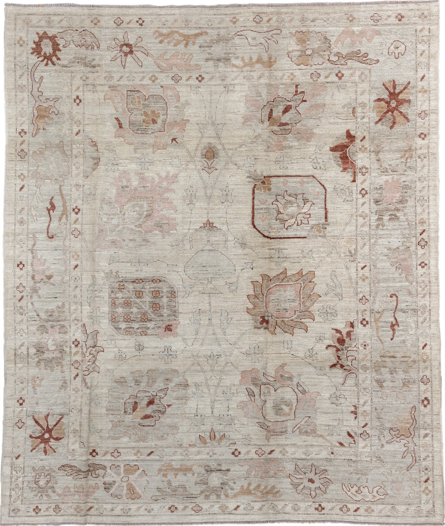 8' x 9' one-of-a-kind handmade vintage Oushak rug. Color palette: light gray, gray, off-white, brown, pink