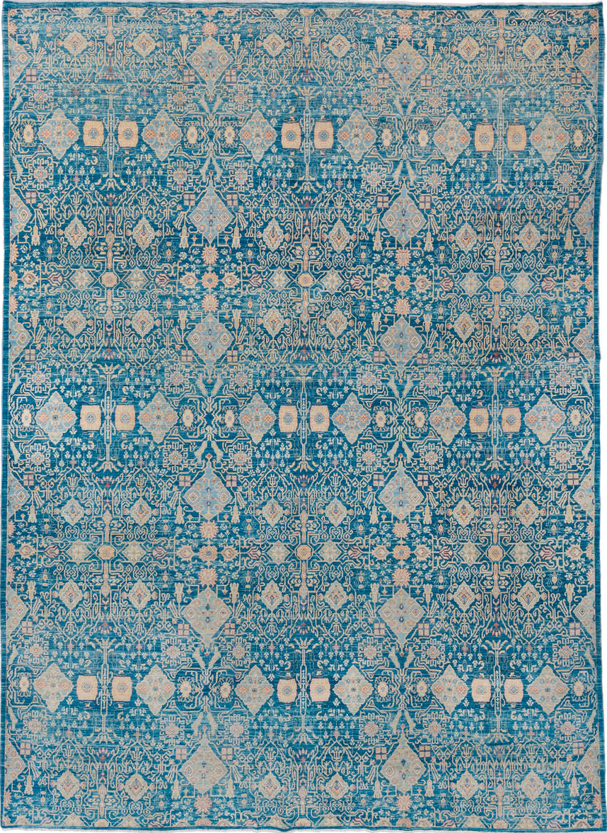 8' x 11' one-of-a-kind handmade vintage Afghan large size rug. Color palette: blue, brown, gray, light blue, light gray