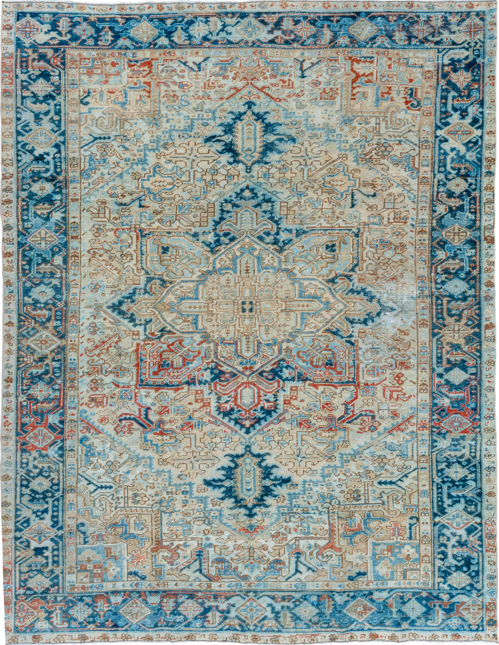 6' x 9' one-of-a-kind handmade vintage Heriz medium size rug. Color palette: blue, brown, gray, light gray, off-white