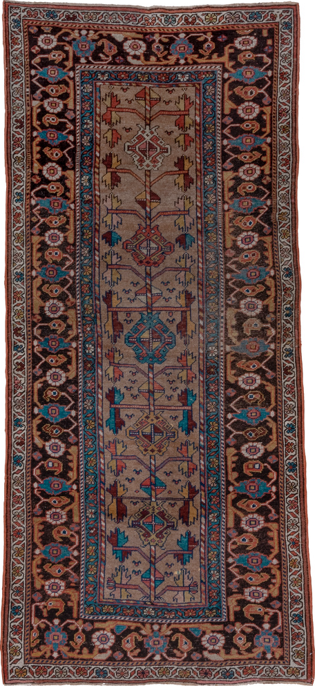3' x 8' one-of-a-kind handmade vintage Kurd runner rug. Color palette: arapawa, blue, brown, gray, pink, red, redwood