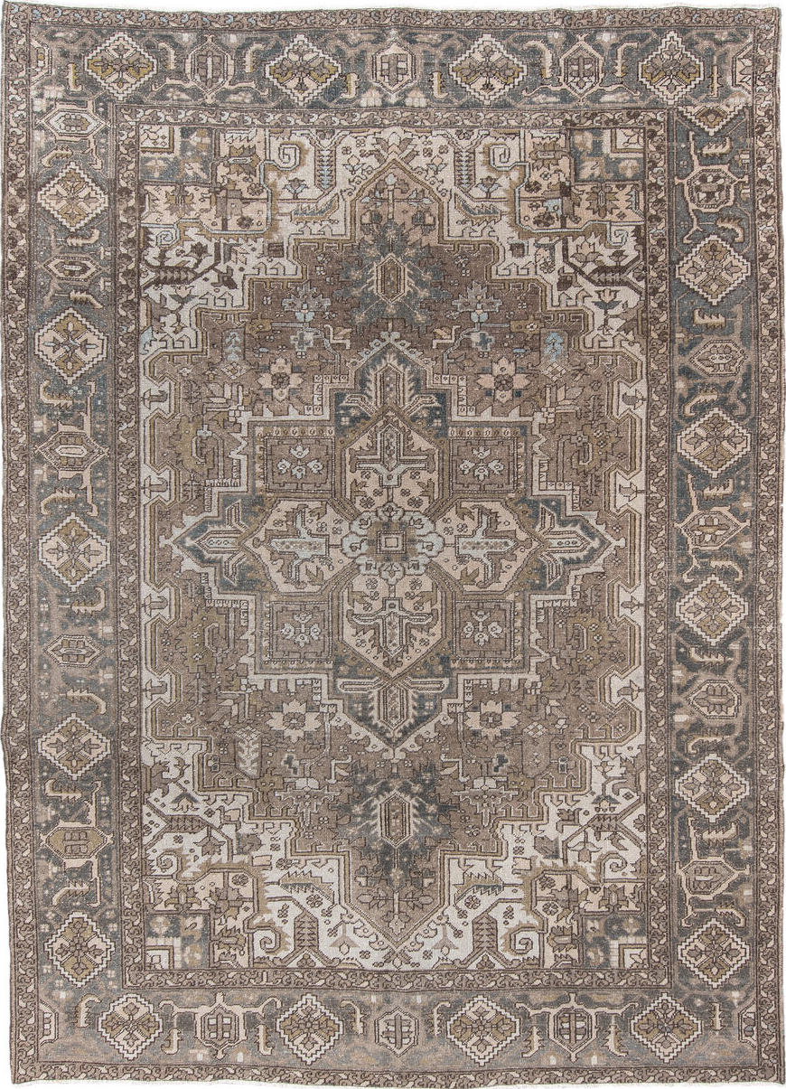 8' x 11' one-of-a-kind handmade vintage Heriz large size rug. Color palette: gray, light gray, off-white, pink, brown