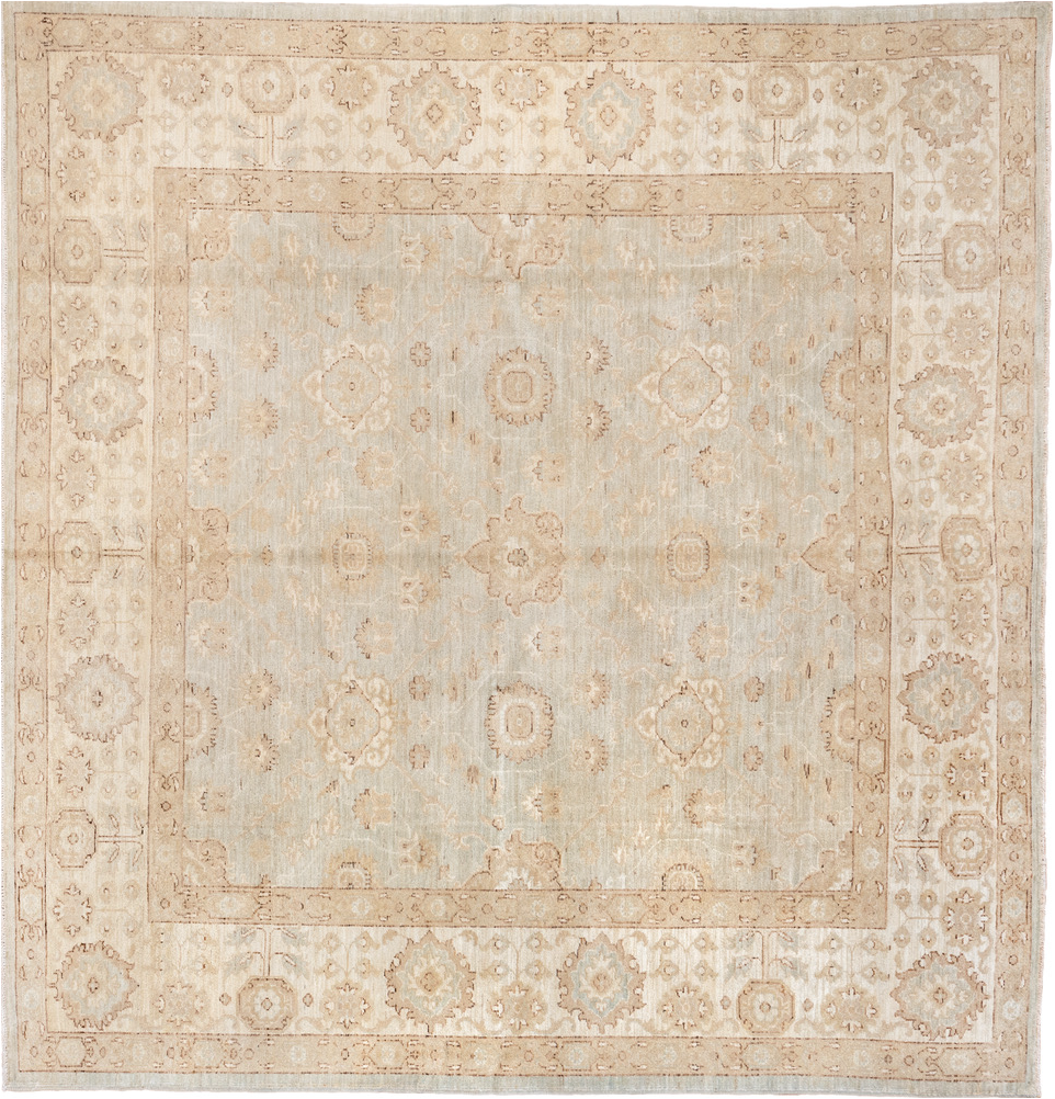 7' x 7' one-of-a-kind handmade vintage Sivas rug. Color palette: antiquewhite, brown, gray, light gray, linen, off-white