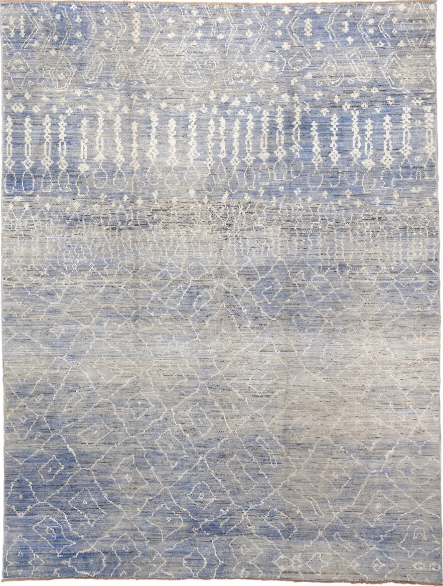 9' x 11' one-of-a-kind handmade vintage Tulu large size rug. Color palette: black, blue, dark gray, dim gray, gainsboro