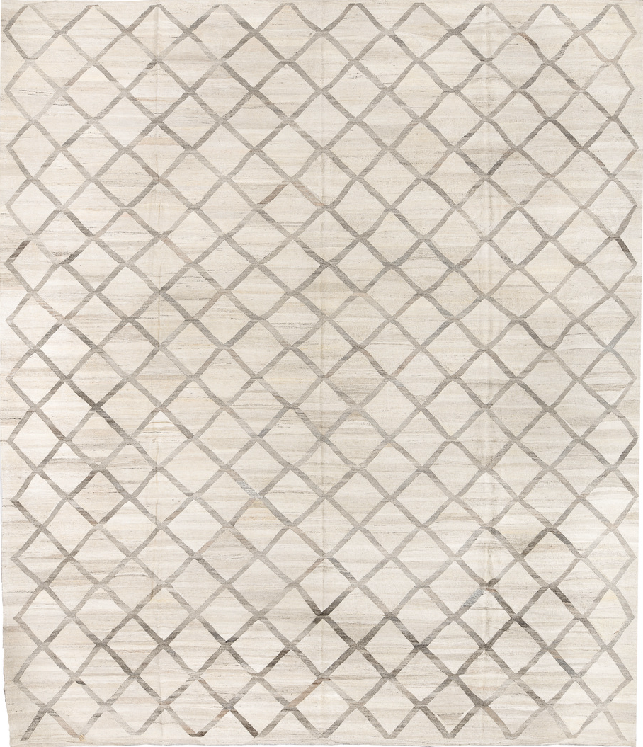 13' x 15' one-of-a-kind handmade vintage Kilim oversize rug. Color palette: antiquewhite, beige, black, brown, charcoal