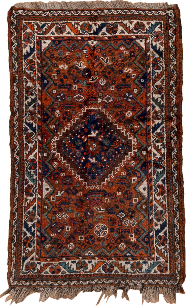 2' x 4' one-of-a-kind handmade vintage Shiraz small size rug. Color palette: black, blue, brown, gray, light gray, off-white
