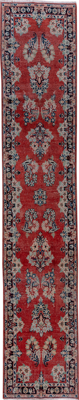 2' x 13' one-of-a-kind handmade vintage Mahal runner rug. Color palette: blue, brown, dim gray, gray, pink, red