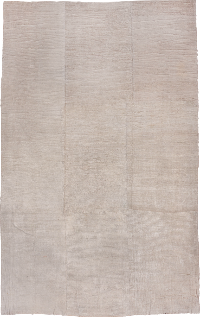 13' x 23' one-of-a-kind handmade vintage Tulu oversize rug. Color palette: gray, light gray, off-white, pink, silver