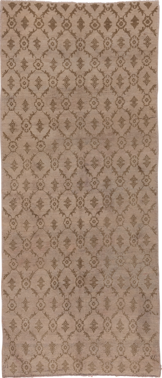 5' x 11' one-of-a-kind handmade vintage Oushak rug. Color palette: brown, gray, light gray, off-white, pink, snow, white