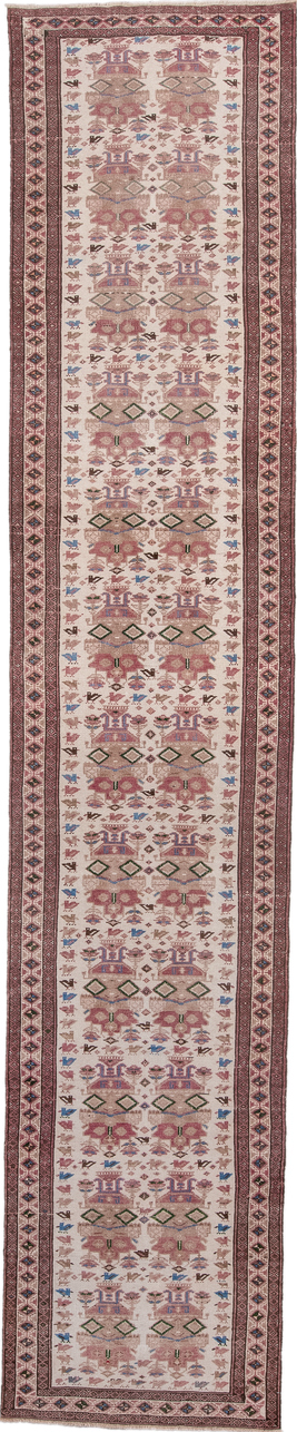 2' x 11' one-of-a-kind handmade vintage Hamadan runner rug. Color palette: brown, gray, light gray, light slate gray