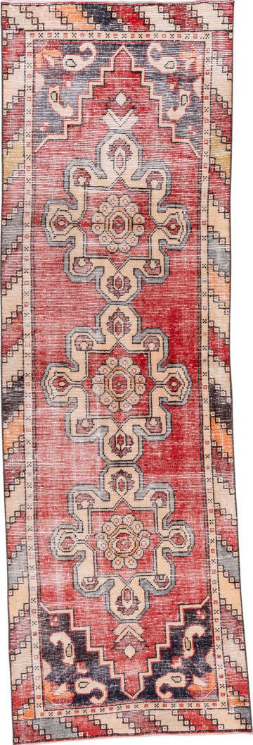2' x 8' one-of-a-kind handmade vintage Oushak runner rug. Color palette: brown, gray, indian red, light gray, off-white