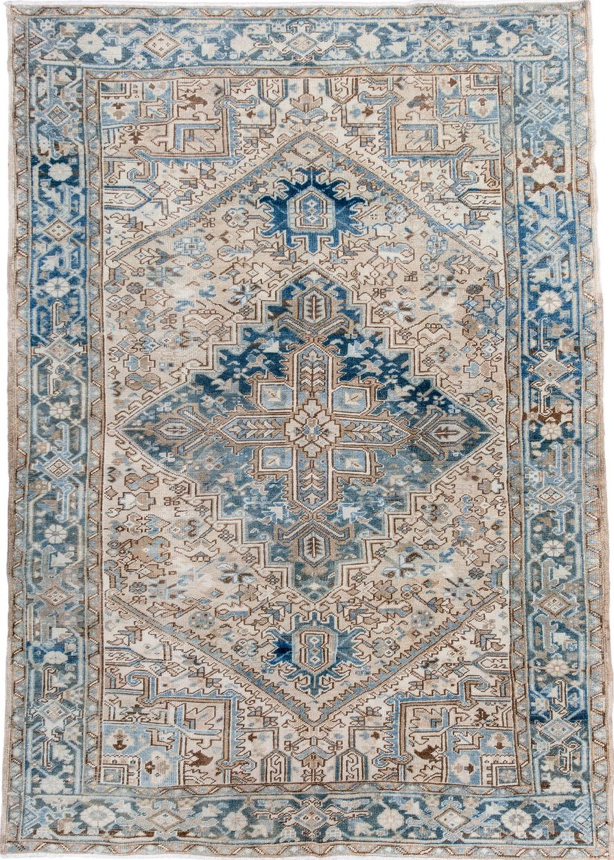 6' x 9' one-of-a-kind handmade vintage Heriz medium size rug. Color palette: arapawa, blue, brown, dark gray, gainsboro