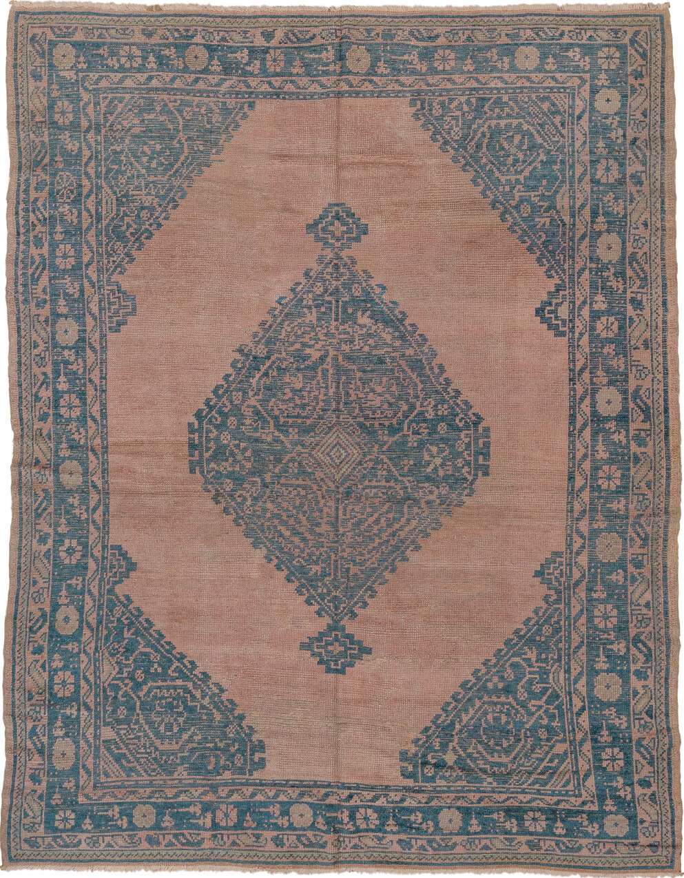 6' x 8' one-of-a-kind handmade vintage Oushak medium size rug. Color palette: black, blue, brown, dim gray, gray, pink