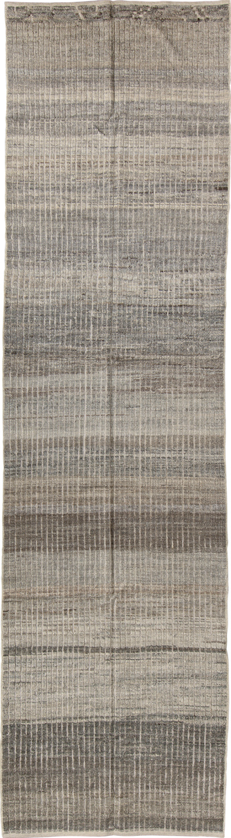 3' x 11' one-of-a-kind handmade vintage Tulu runner rug. Color palette: dark gray, gray, light gray, off-white, silver