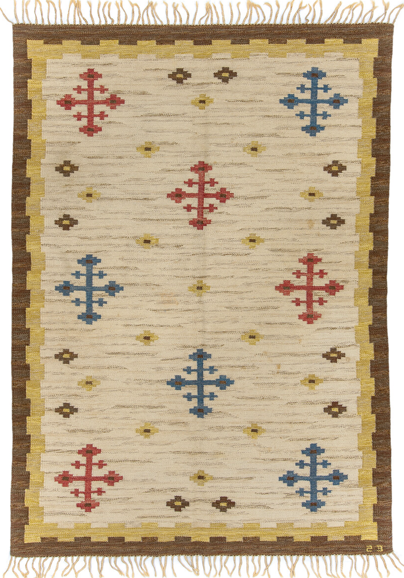 5' x 6' one-of-a-kind handmade vintage Rollaken rug. Color palette: blue, brown, gray, light gray, off-white, orange, pink
