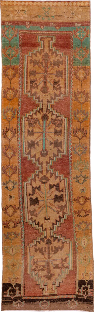 2' x 10' one-of-a-kind handmade vintage Oushak runner rug. Color palette: brown, saddle brown