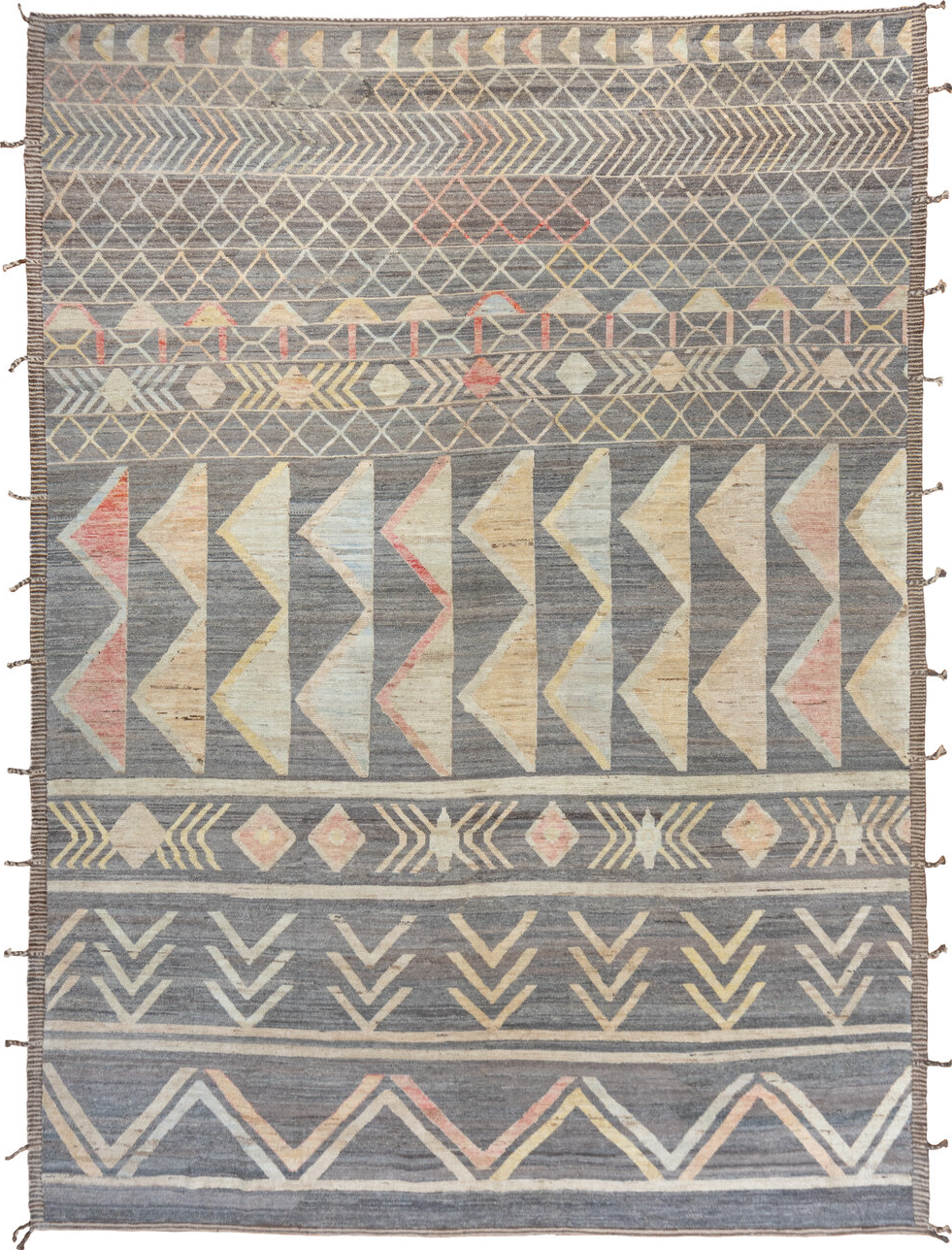 10' x 13' one-of-a-kind handmade vintage Tulu large size rug. Color palette: brown, dim gray, gainsboro, gray, light gray