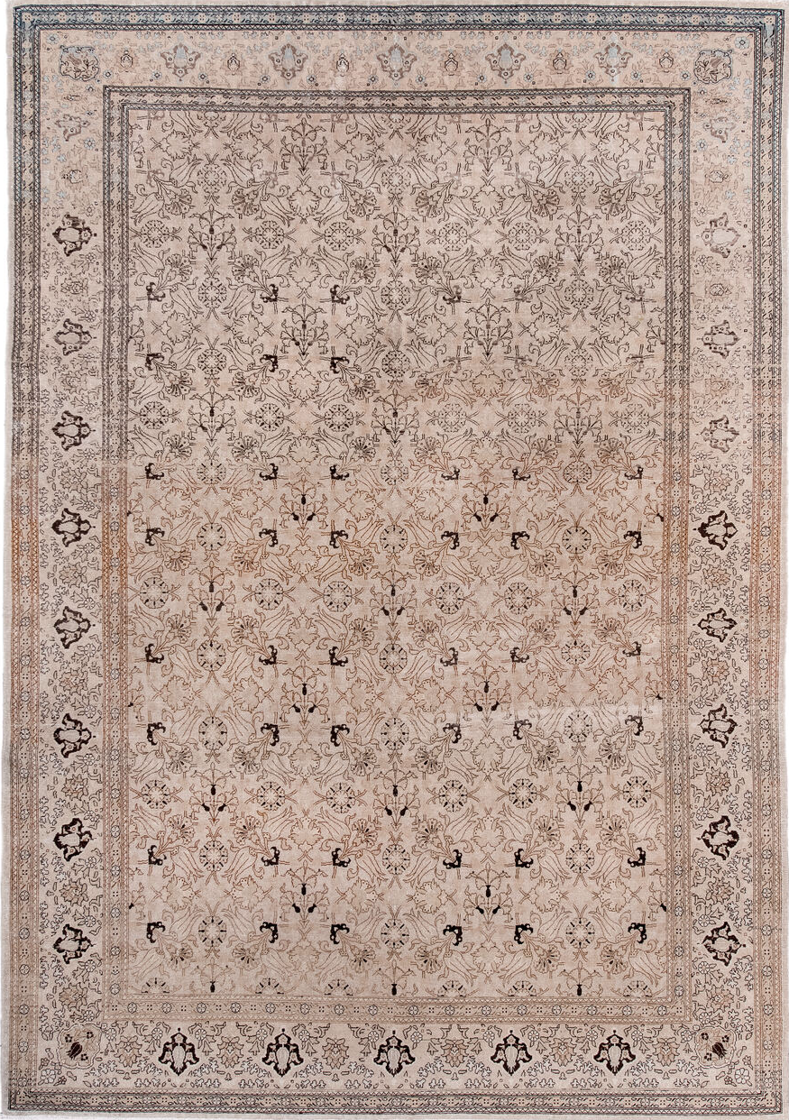 6' x 9' one-of-a-kind handmade vintage Sivas medium size rug. Color palette: brown, gray, pink, off-white, light gray, black
