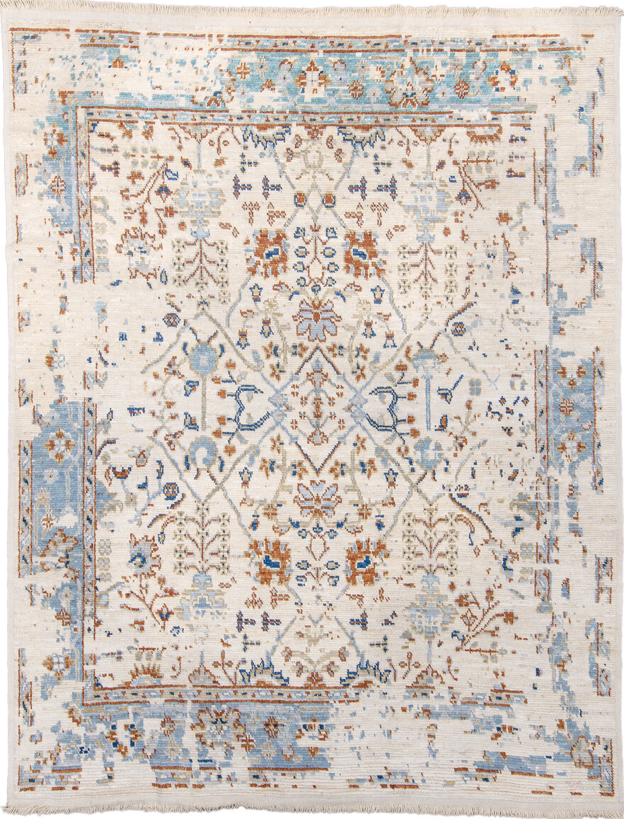 9' x 12' one-of-a-kind handmade vintage Tulu large size rug. Color palette: gray, blue, brown, pink, light blue, off-white
