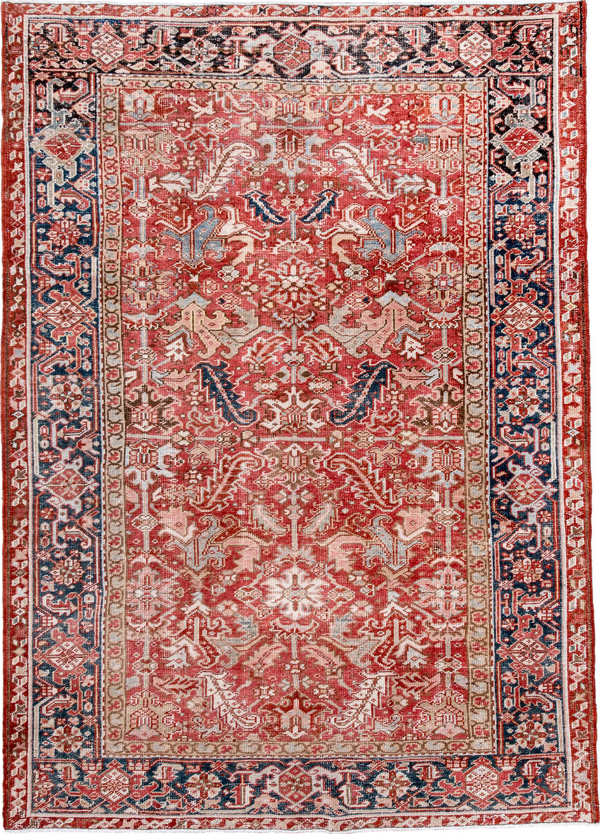 6' x 8' one-of-a-kind handmade vintage Heriz medium size rug. Color palette: blue, brown, fire brick, gray, indian red