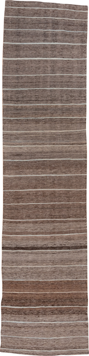2' x 11' one-of-a-kind handmade vintage Kilim runner rug. Color palette: brown, gray, light gray, off-white, pink, silver
