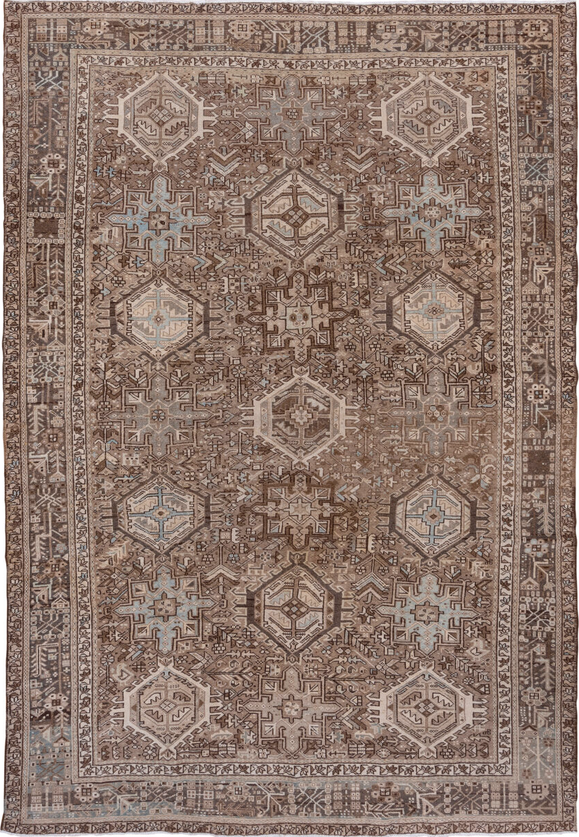 8' x 11' one-of-a-kind handmade vintage Karaje large size rug. Color palette: brown, dark gray, gray, light gray, pink