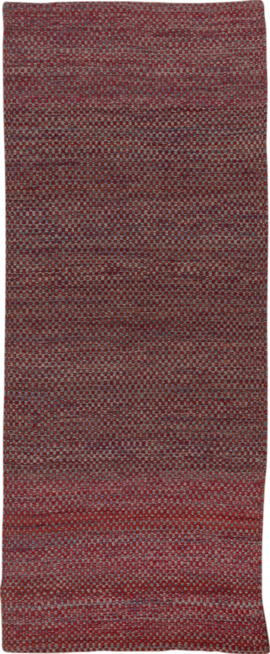 2' x 5' one-of-a-kind handmade vintage Kilim small size rug. Color palette: brown, gray, off-white, pink, red, redwood, snow