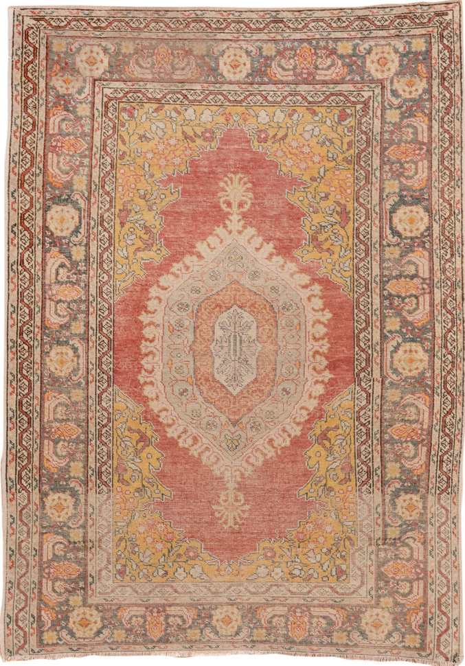 3' x 5' one-of-a-kind handmade vintage Oushak small size rug. Color palette: brown, gray, off-white, orange