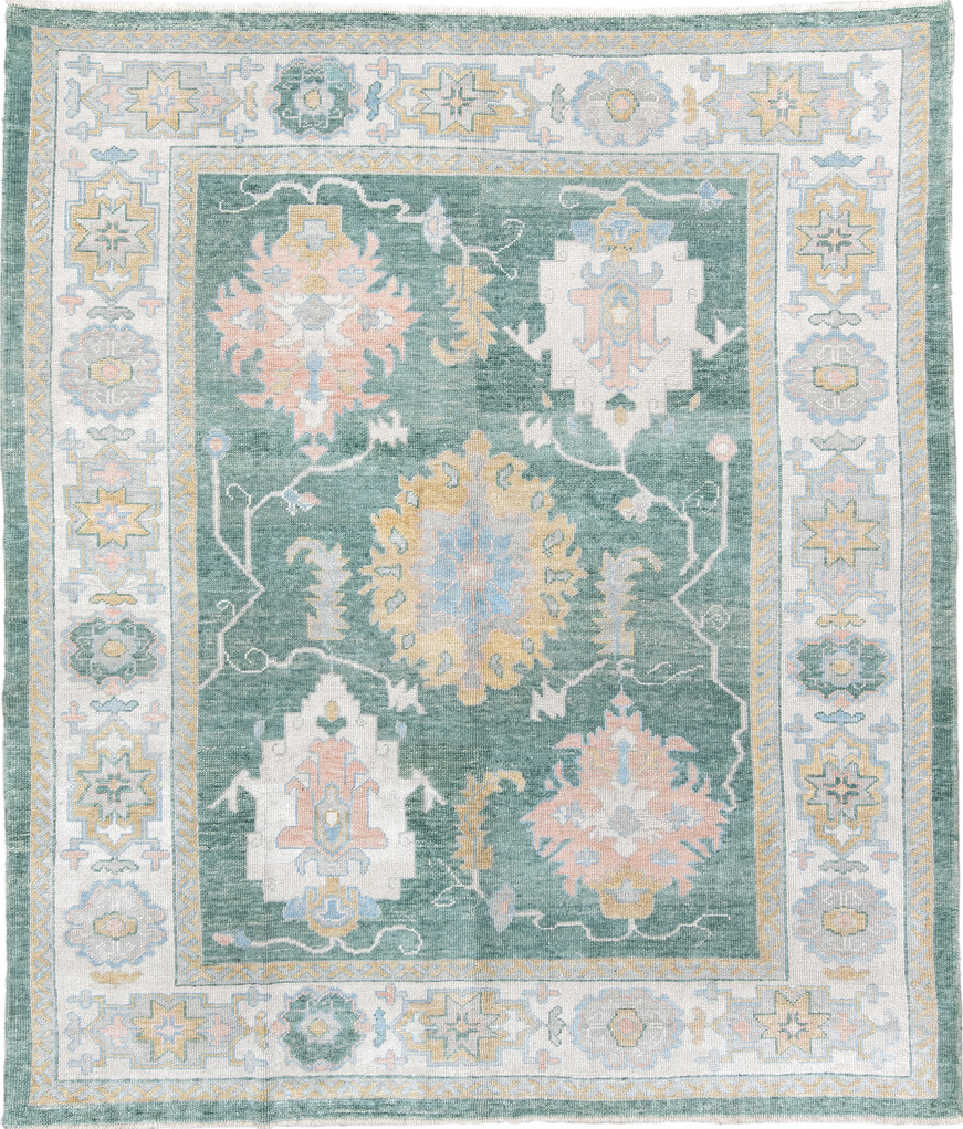 8' x 9' one-of-a-kind handmade vintage Oushak rug. Color palette: blue, brown, dark gray, gainsboro, gray, light blue