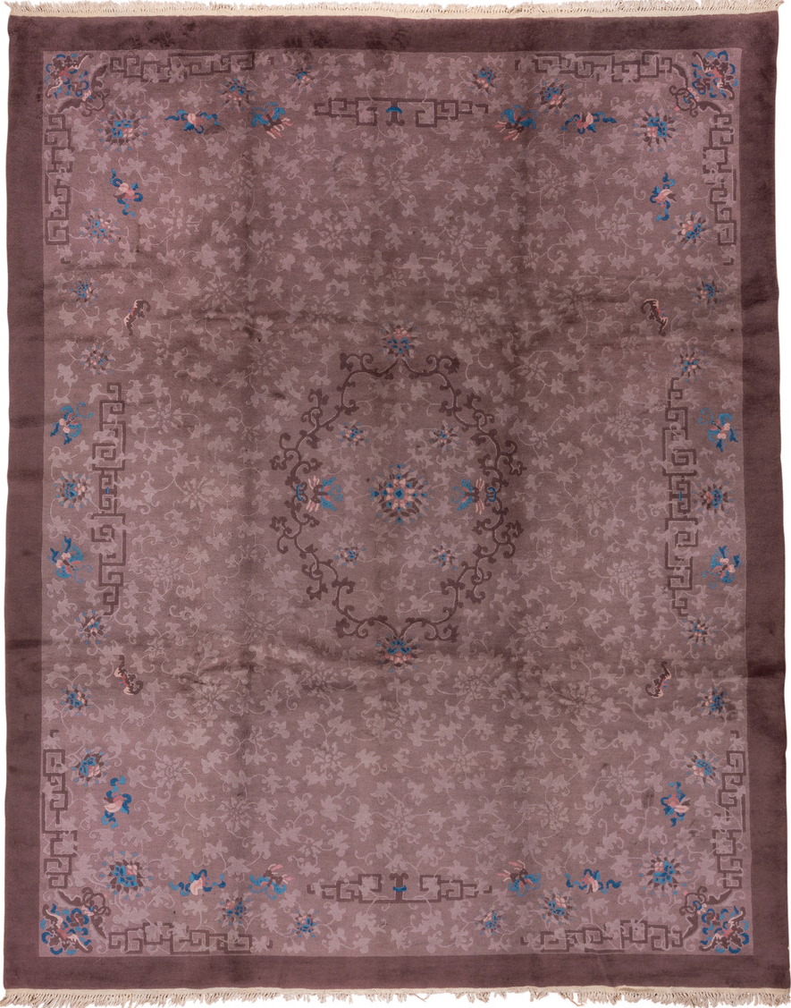 9' x 11' one-of-a-kind handmade vintage Chinese large size rug. Color palette: blue, brown, gray, pink