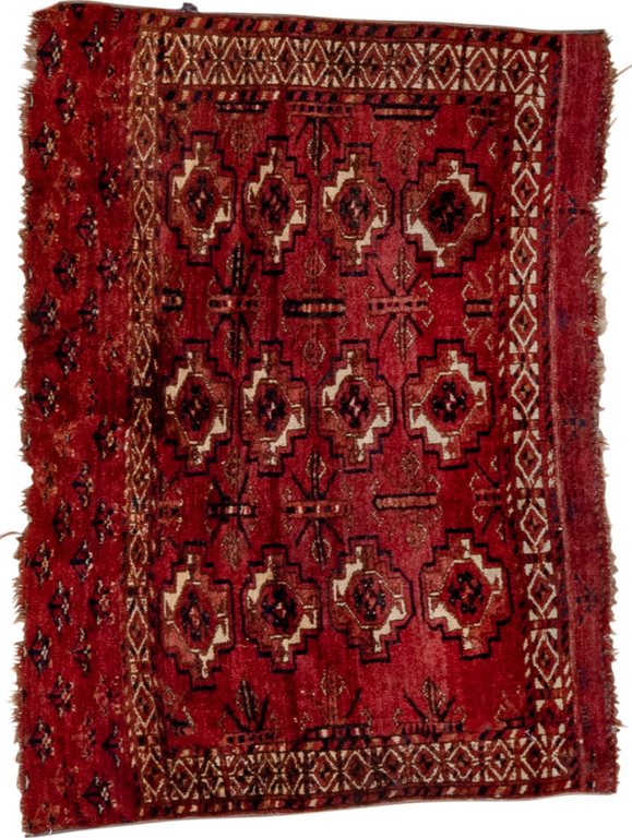 2' x 4' one-of-a-kind handmade vintage Torkaman small size rug. Color palette: brown, gray, pink, red