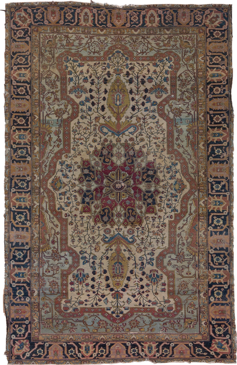 4' x 6' one-of-a-kind handmade vintage Mohtasham Kashan small size rug. Color palette: black, blue, brown, charcoal