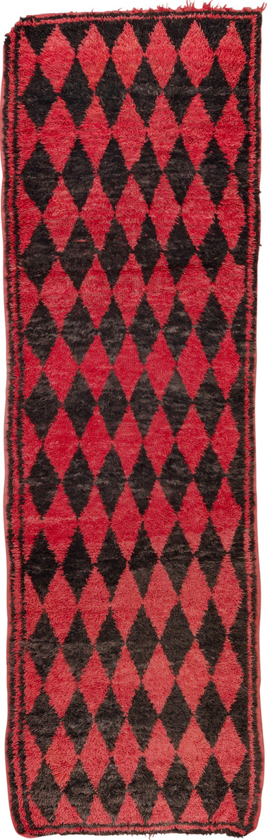 3' x 11' one-of-a-kind handmade vintage Moroccan runner rug. Color palette: black, brown, gray, indian red, pink, red