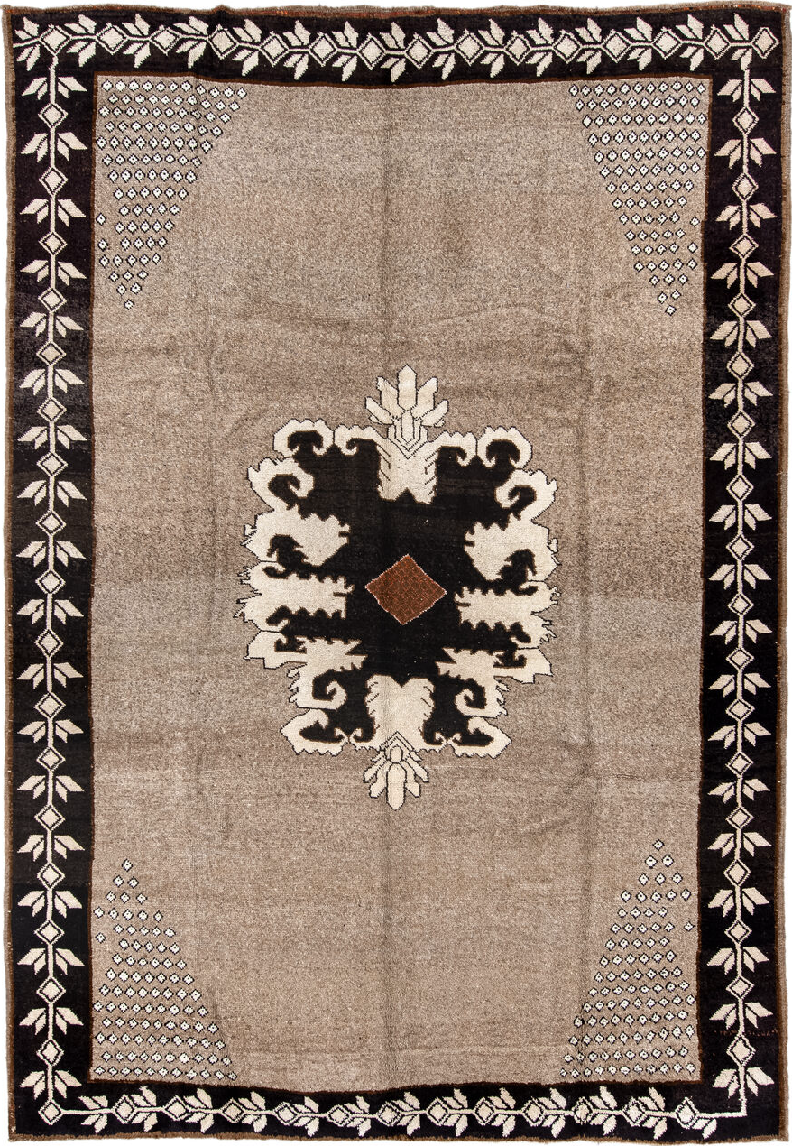 8' x 12' one-of-a-kind handmade vintage Kars large size rug. Color palette: black, brown, gray, light gray, off-white