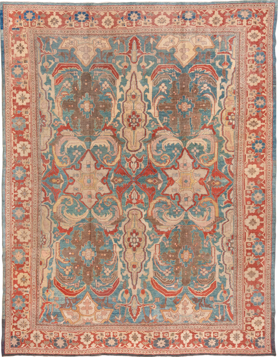 12' x 15' one-of-a-kind handmade vintage Sultanabad oversize rug. Color palette: brown, gray, off-white, orange, pink, red