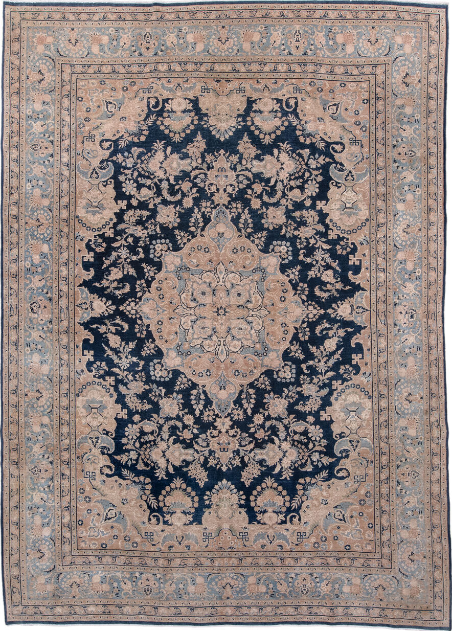8' x 11' one-of-a-kind handmade vintage Kerman large size rug. Color palette: black, blue, dim gray, fiord, gray, light gray