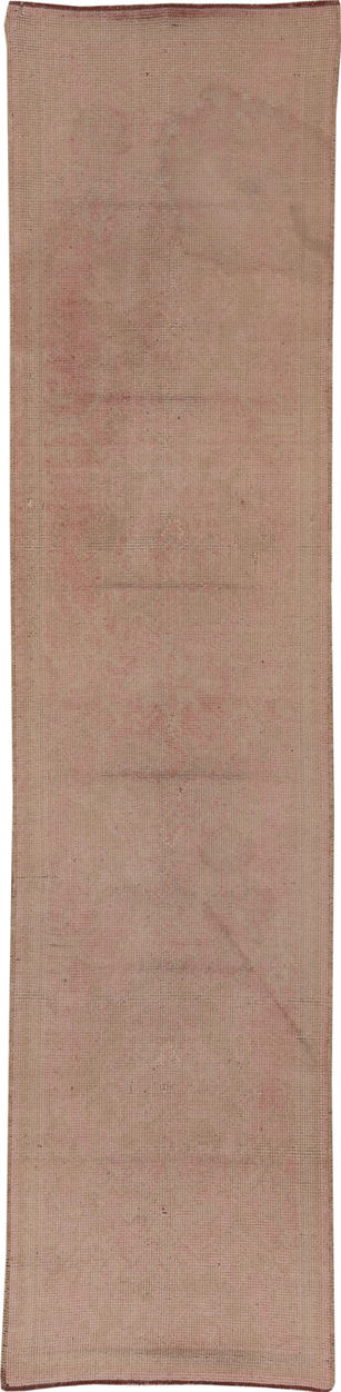 2' x 10' one-of-a-kind handmade vintage Oushak runner rug. Color palette: brown, off-white, pink, snow, white, whitesmoke