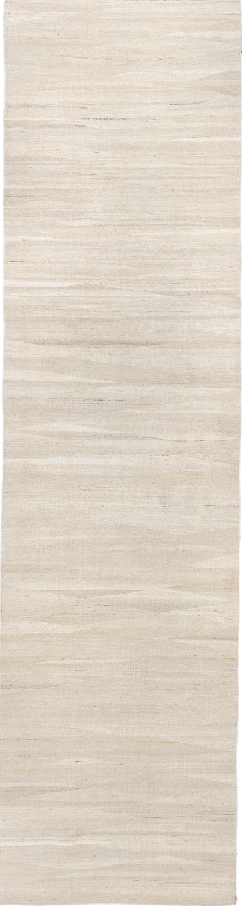 3' x 12' one-of-a-kind handmade vintage Kilim runner rug. Color palette: light gray, off-white, gray, pink, brown, linen