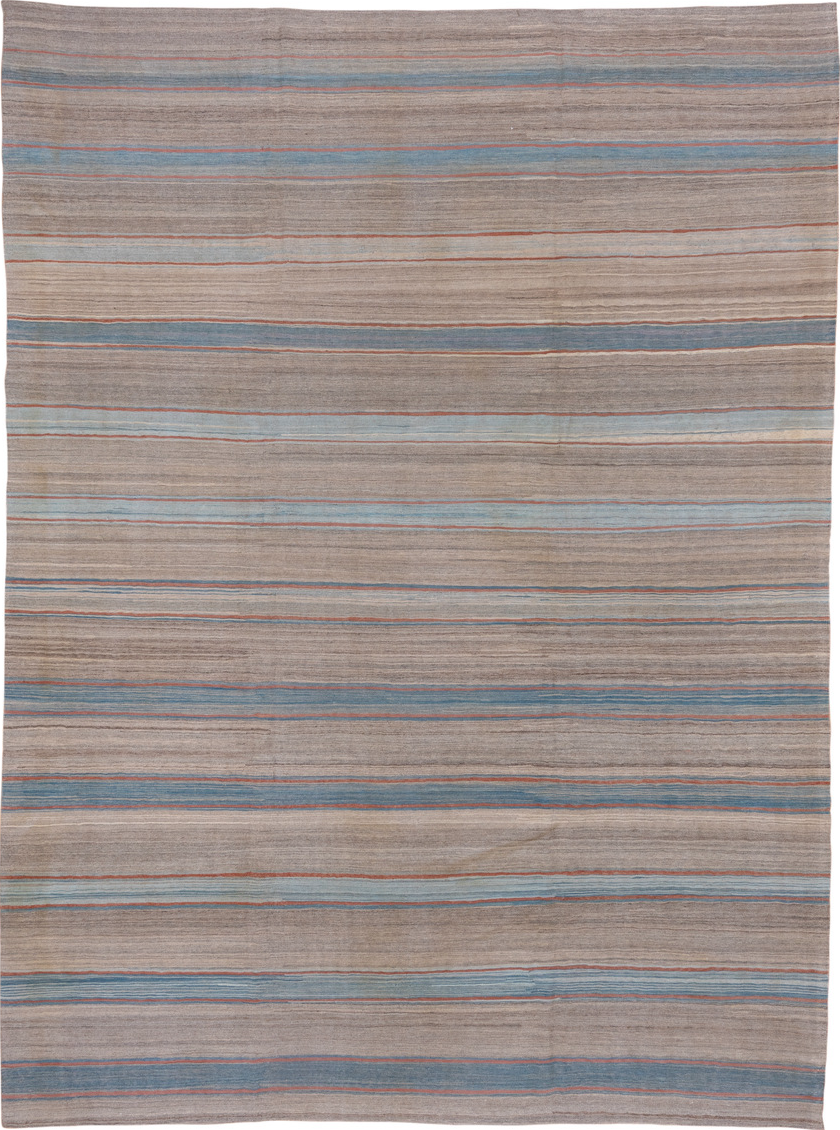 8' x 11' one-of-a-kind handmade vintage Kilim large size rug. Color palette: blue, dark gray, gray, light gray, off-white