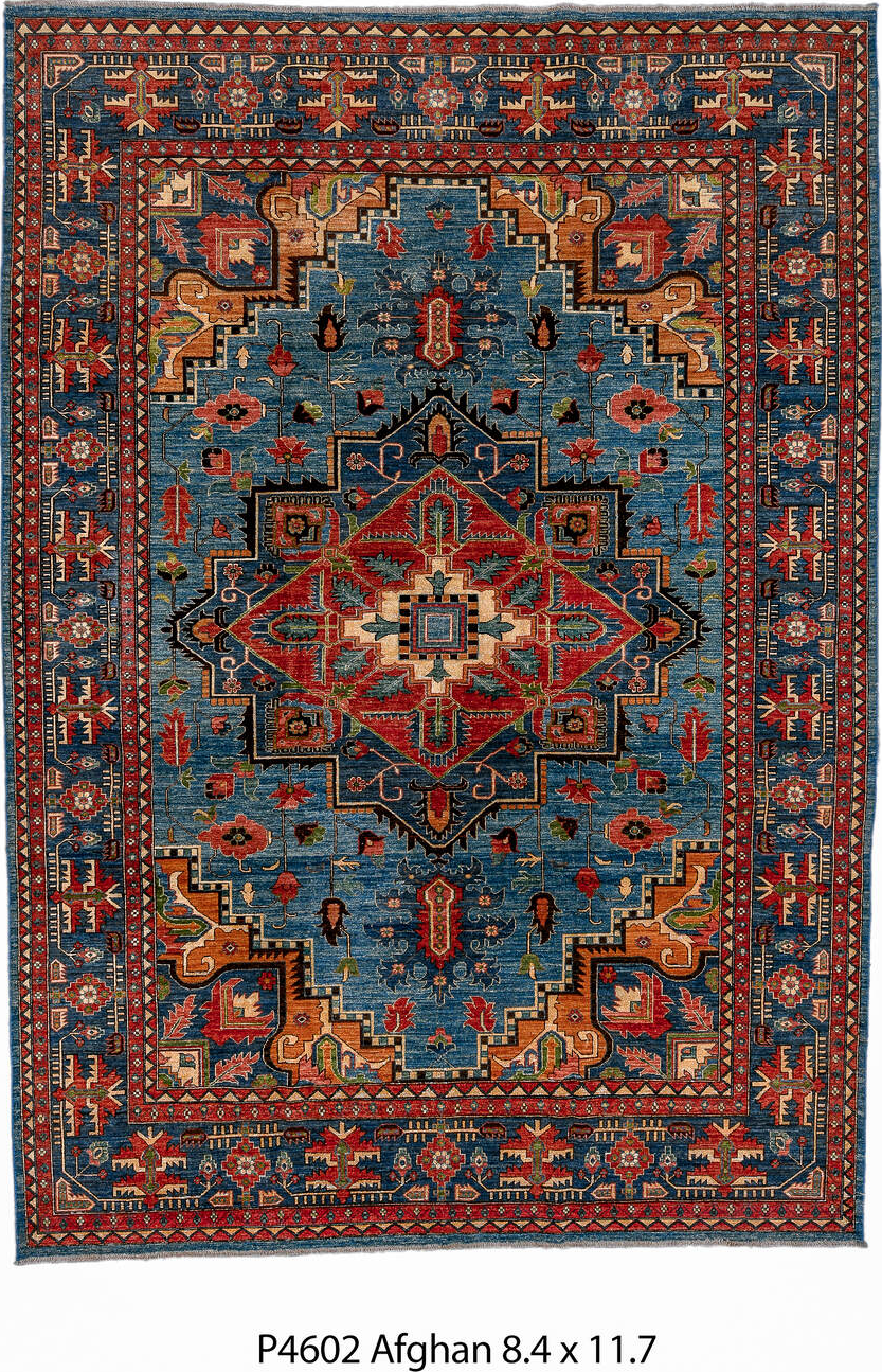 8' x 11' one-of-a-kind handmade vintage Afghan large size rug. Color palette: blue, brown, gray, light slate gray, off-white