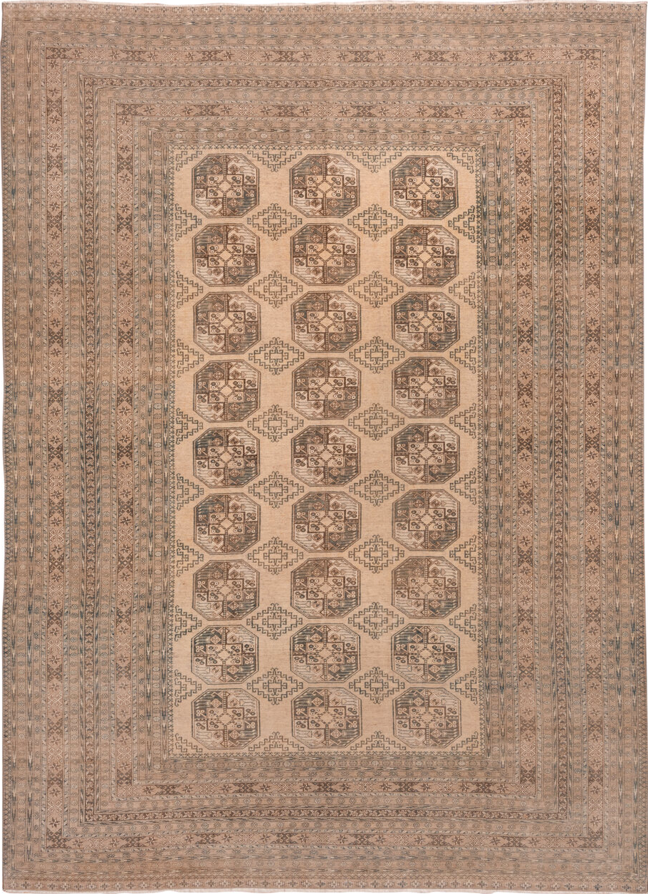 10' x 13' one-of-a-kind handmade vintage Afghan large size rug. Color palette: brown, gray, off-white, orange, pink