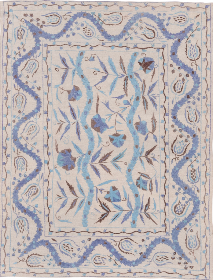 4' x 5' one-of-a-kind handmade vintage Kilim small size rug. Color palette: dark gray, gray, light blue, light gray