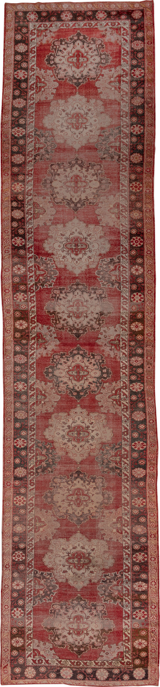 5' x 24' one-of-a-kind handmade vintage Oushak rug. Color palette: brown, pink, red