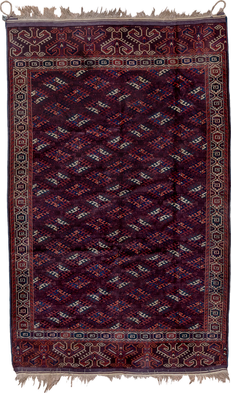 6' x 10' one-of-a-kind handmade vintage Yamoud large size rug. Color palette: blue, brown, gray, light gray, pink, red
